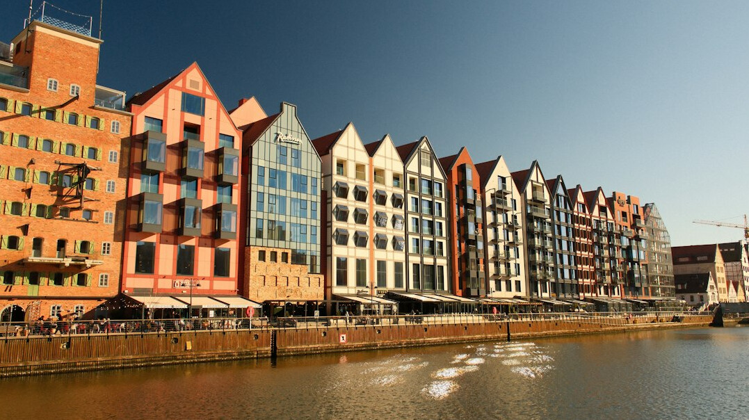 Colorful historic townhouses along the Motlawa river in Gdansk