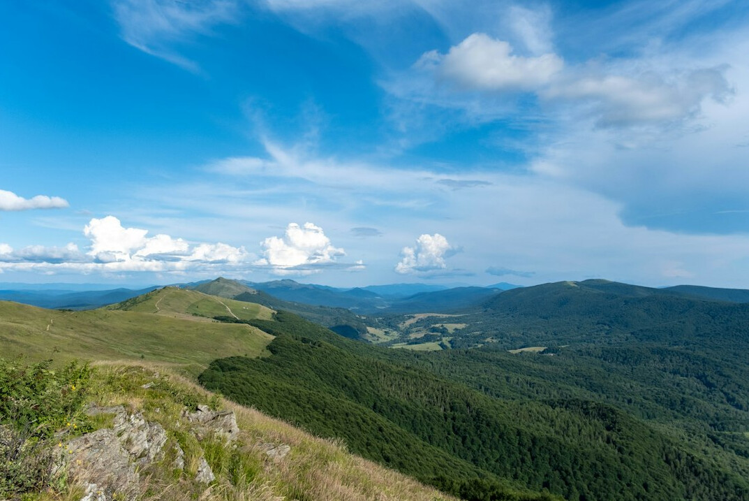 Green mountain meadows of the Bieszczady range with a hiking trail